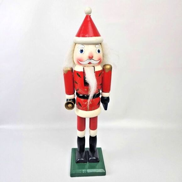 Vintage Wooden Nutcracker Santa Claus Red Coat Bell 12” Christmas Decor - Picture 1 of 10